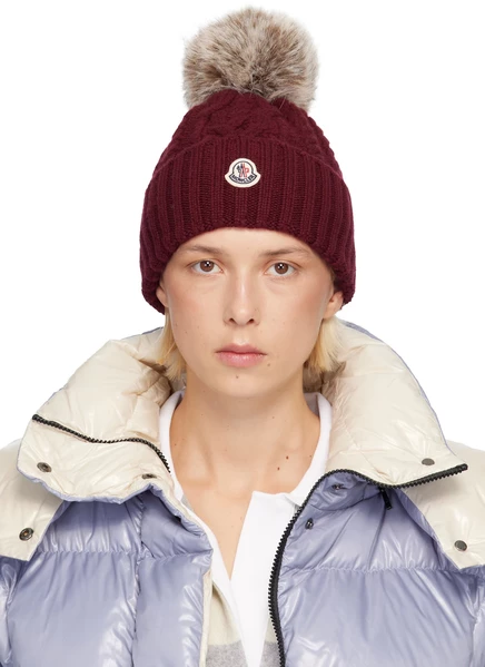 Женская шапка Moncler Burgundy кашемировая с помпоном, винная