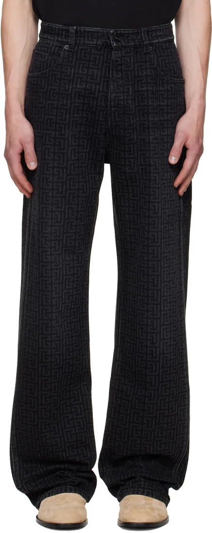 Мужские джинсы Balmain Loose с монограммой, черные