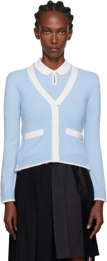 Кашемировый кардиган с V-образным вырезом Thom Browne Blue Jersey Stitch светло-голубой