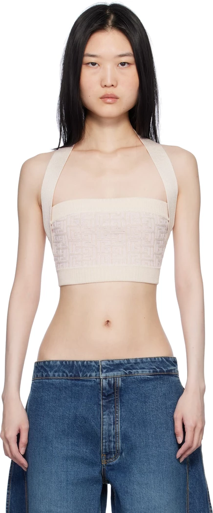 Женская майка Balmain PB Labyrinth Monogram, бежевая