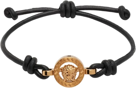 Мужской кожаный браслет Versace Medusa 95, черно-золотой