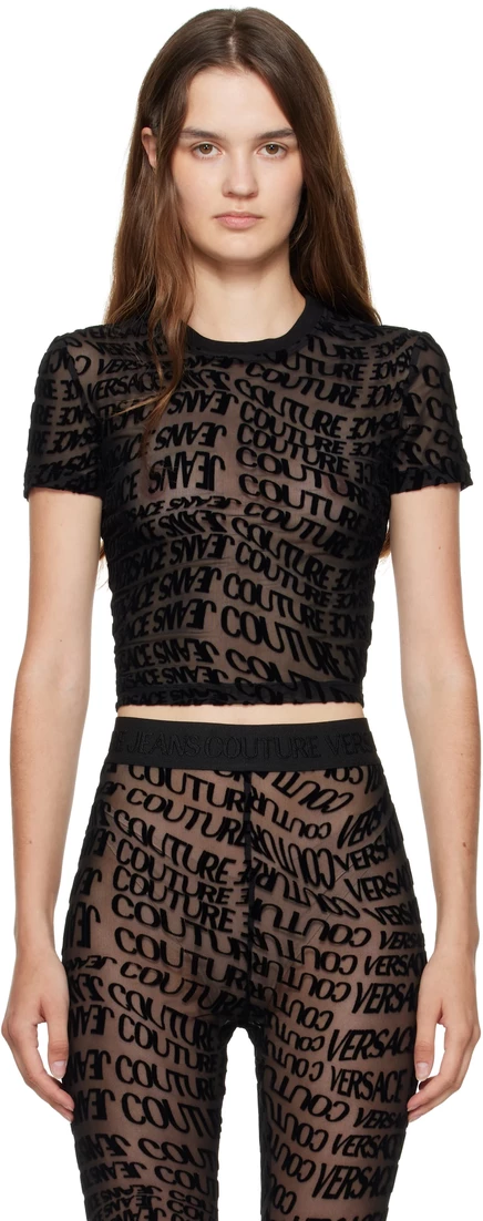Джинсы Versace Jeans Couture, черная футболка из фатинового флока Liquify черного цвета