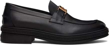 Мужские лоферы Versace Greca кожаные, черно-золотые