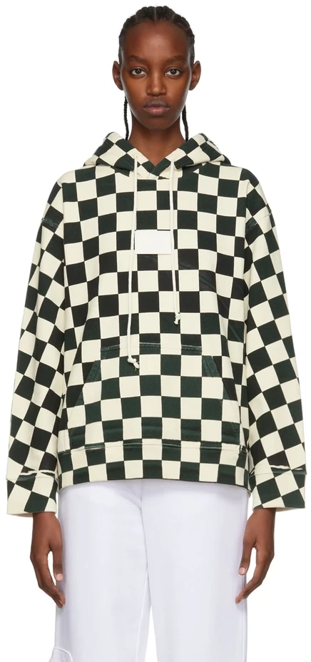 MM6 Maison Margiela Бежевая хлопковая толстовка с капюшоном серого цвета в шахматном порядке