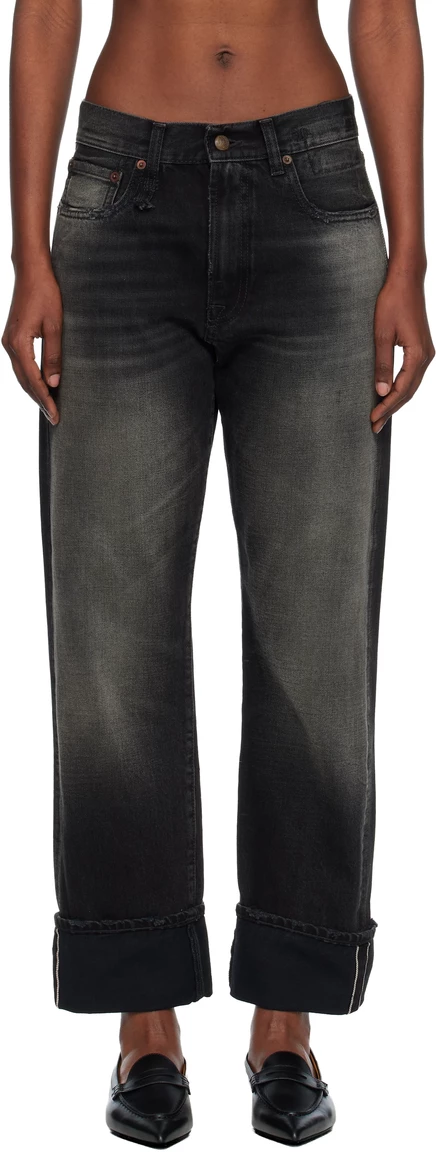 R13 Черные джинсы бойфренда с манжетами phantom selvedge black