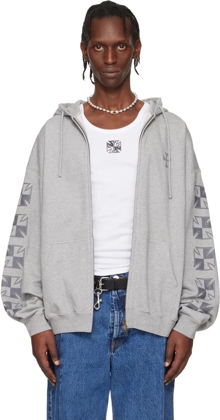 Мужское худи VETEMENTS Biker Cross, серое меланжевое