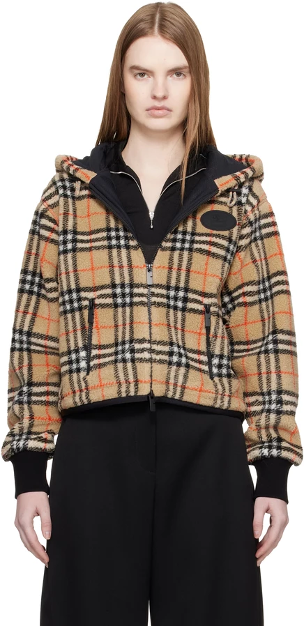 Бежевая укороченная флисовая куртка с капюшоном в клетку Burberry песочно-бежевого цвета