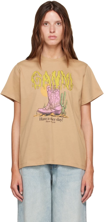 Женская футболка Ganni Western Boot, песочная