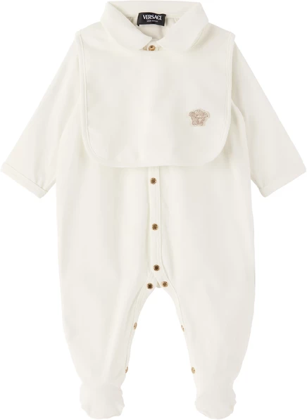Детский комбинезон и слюнявчик Versace Baby White из хлопка и джерси белого цвета