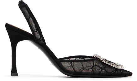 Женские туфли Amina Muaddi Camelia Lace Sling 90, черное кружево
