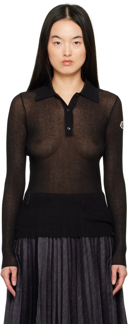 Женское поло Moncler Black LS с длинными рукавами, черное
