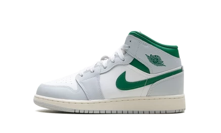 Детские кроссовки Jordan 1 Mid GS, бело-платиново-зеленые