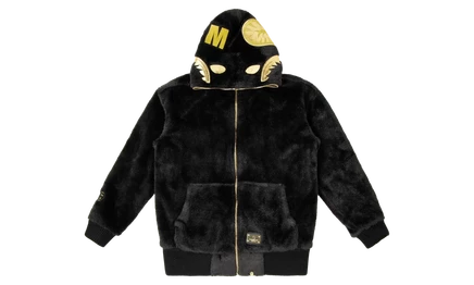 Куртка-худи Bape Fur Shark из искусственного меха, золотая фурнитура, черная