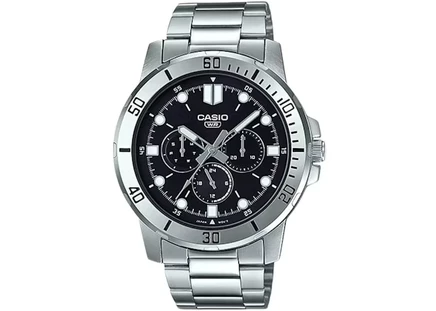 Мужские часы Casio MTP-VD300D-1E, 45 мм, стальной браслет, кварцевые, черные