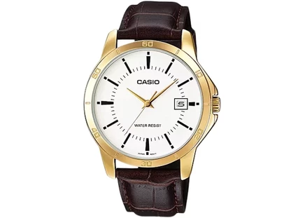 Мужские часы Casio MTP-V004GL-7A, кварцевые, стальной корпус 42 мм, кожаный ремешок, белый циферблат
