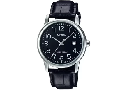 Мужские часы Casio MTP-V002L-1B кварцевые, корпус 37 мм из нержавеющей стали, кожаный ремешок, черный циферблат