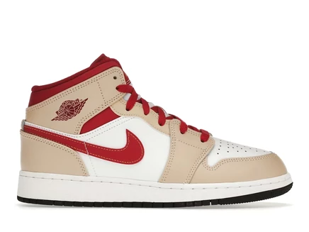 Детские кроссовки Jordan 1 Mid (GS), бело-красно-бежевые