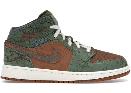 Детские кроссовки Jordan 1 Mid Treeline, коричневые/оливковые/кремовые