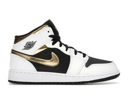Детские кроссовки Jordan 1 Mid, бело-черно-золотые