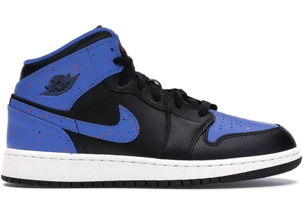Детские кроссовки Jordan 1 Mid Royal Paint Splatter, черно‑сине‑оранжевые
