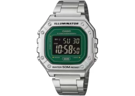 Мужские часы Casio W-218HD-3A с зеленым циферблатом, корпус 44 мм