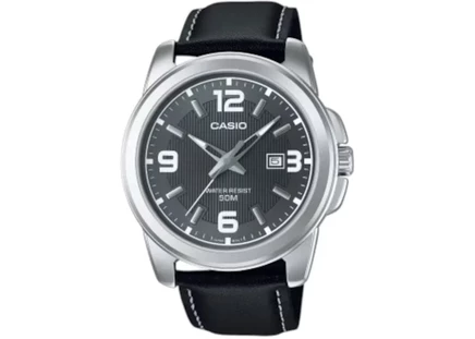 Мужские часы Casio MTP-1314PL-8A, корпус сталь 45 мм, кожаный ремешок, кварцевые