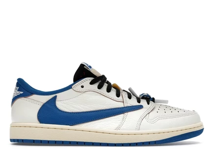 Мужские кроссовки Jordan 1 Low Fragment x Travis Scott, айвори/милитари‑синие