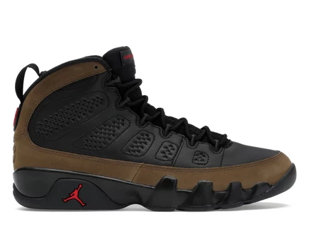 Мужские кроссовки Jordan 9 Retro Olive 2024, черно-оливковые с красными акцентами