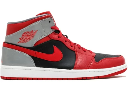 Мужские кроссовки Jordan 1 Mid Fire Red Cement, красно-черные с серыми акцентами
