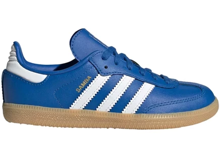 Детские кроссовки adidas samba og, сине-белые с коричневой подошвой