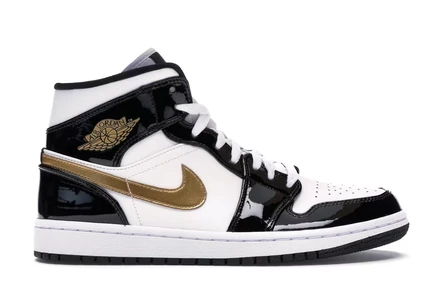 Мужские кроссовки Jordan 1 Mid Patent, черно-белые с золотом