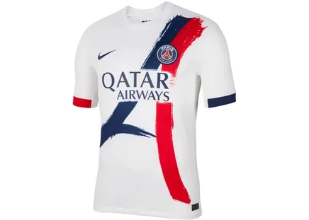 Мужская игровая футболка nike x paris saint germain stadium away 2024/25, белая/тёмно-синяя/красная