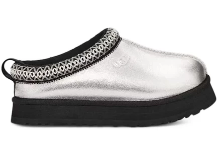 Детские домашние тапочки UGG Tazz Leather кожаные, серебристые металлик