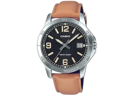 Мужские часы Casio MTP-V004L-1B2, сталь 40 мм, кожаный ремешок, оранжево-черные