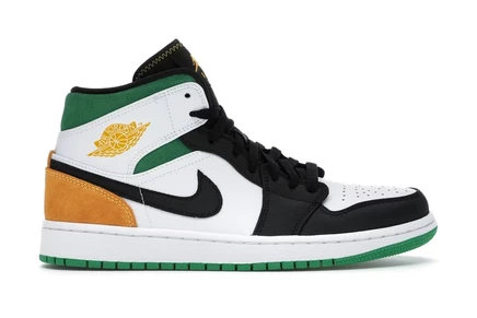 Мужские кроссовки jordan 1 mid oakland, white/black-lucky green-laser orange