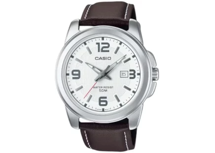 Мужские часы Casio MTP-1314PL-7A, стальной корпус 45 мм, кожаный ремешок, белый