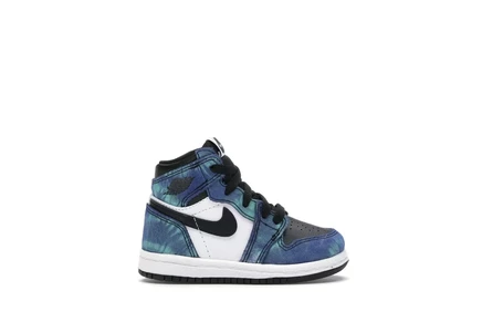 Детские кроссовки Jordan 1 High Tie‑Dye, бело‑чёрно‑зелёные
