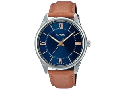 Мужские часы Casio MTP-V005L-2B5, стальной корпус 40 мм, кожаный ремешок, синий циферблат