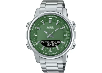 Мужские часы Casio AMW-880D-3A, кварцевые, 47 мм, корпус и браслет из нержавеющей стали, зеленый циферблат