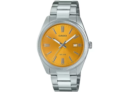 Мужские часы Casio MTP-1302PD-9A кварцевые, 38 мм, сталь, оранжевый циферблат