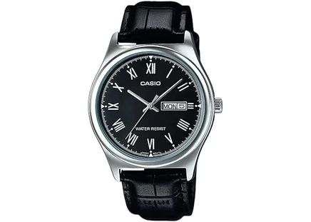 Мужские часы Casio MTP-V006L-1B, стальной корпус 39 мм, кожаный ремешок, черные