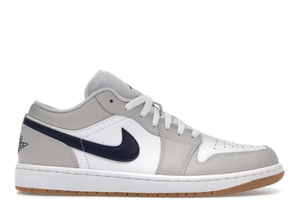 Мужские кожаные кроссовки Jordan 1 Low, бело-серо-синие с коричневой подошвой