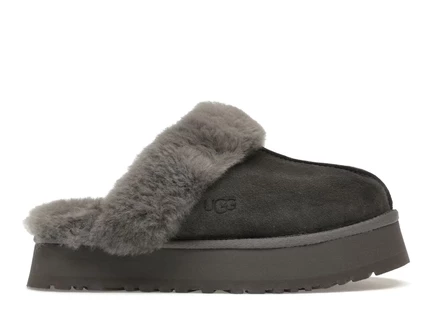 Женские тапочки UGG Disquette замшевые на платформе с овчиной, графитовые