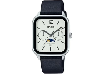 Мужские часы Casio MTP-M305L-7A корпус 34 мм, сталь, кожаный ремешок, белые