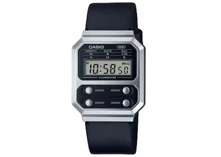Мужские часы Casio A100WEL-1A, 33 мм, корпус и браслет из нержавеющей стали, черный циферблат, кварцевые