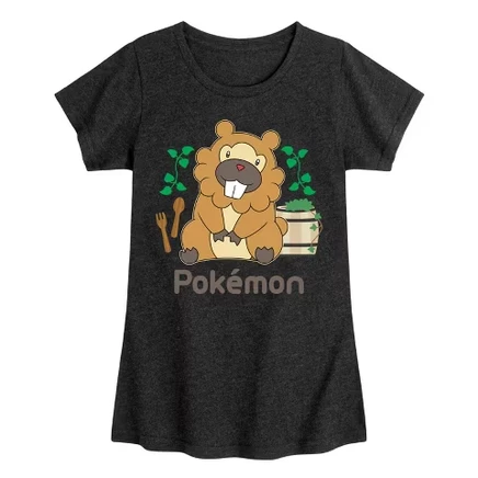 Girls' - Pokémon - Bidoof Cafe Fitted Short Sleeve Graphic T-Shirt heather black