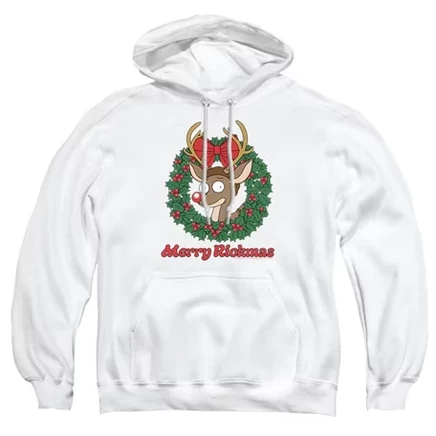 Мужская рождественская толстовка с капюшоном Merry Rickmas и оленем с красным носом, белая