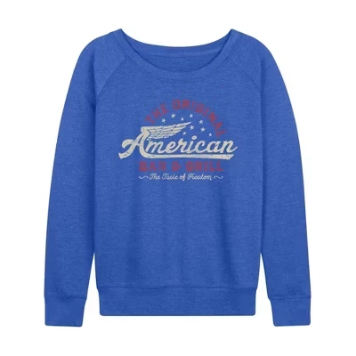 Женская рубашка American Bar & Grill из легкого французского махрового материала с широким вырезом и длинным рукавом с графическим рисунком.