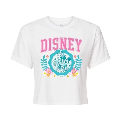 Женская укороченная футболка с рисунком Minine Mickey, Donald, Goofy, Daisy Pluto Flowers, белая