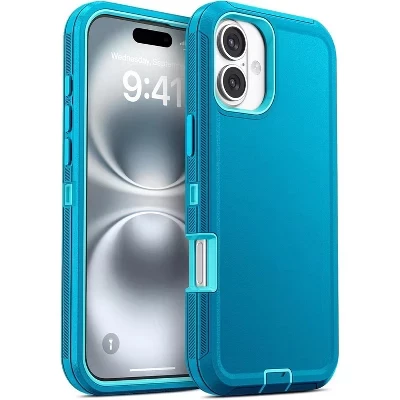 Чехол, совместимый с iPhone 16 Plus - Трехслойная сверхпрочная защита бирюзового цвета